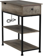 WLIVE Narrow Side Table with 2 USB Ports and 2 Outlets, Flip Top End Table with Drawer and Storage Shelves, Small Nightstand with Charging Station for Living Room/Bedroom, Greige