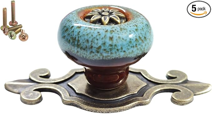 5 Pack Retro Ceramic Knobs,Vintage Dresser Kitchen Petal Cabinet Pulls Rustic Zinc Alloy Base Back Plate Kid Cupboard Wardrobe Drawer Door Handles (Leopard Print Blue)