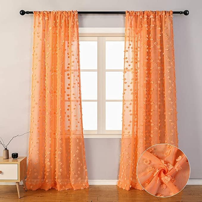 MYSKY HOME Pom Pom Orange Sheer Curtains for Bedroom Girls Room Curtains 72 Inches Long for Nursery Kids Light Filtering Boho Window Drapes, Rod Pocket, 38" Wide, 2 Panels