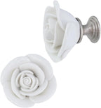 8PCS 1.65" × 1.54" White Rose with Base Knobs Ceramics Flower Shaped Pulls for Cupboard Drawer, with 2 Kinds of Screws