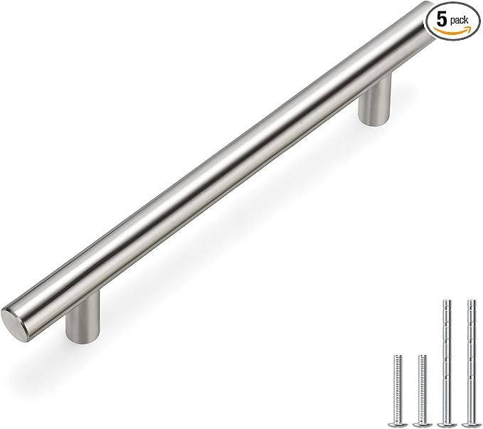 homdiy 5 Pack | Cabinet Handles Brushed Nickel Round Bar Cabinet Pulls 5in Hole Center HD201SN Stainless Steel Drawer Pulls Kitchen Cabinet Handles Cupboard Handles 5 Pack
