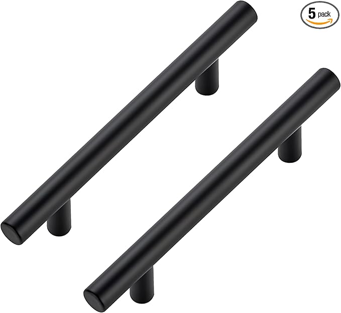 JOY DECOR 5 Pack Cabinet Handles, Black Cabinet Pulls, 3-3/4 in Hole Center Kitchen Hardware, Stainless Steel T Bar Handles for Dresser Drawers