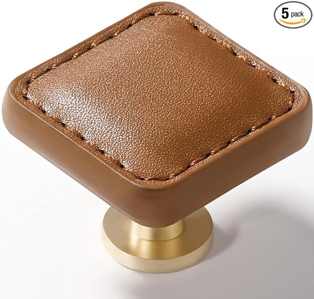 5 Pack Brown Leather Drawer Pulls Square Leather Handles Cabinet knobs for Kitchen Bathroom Cabinets Dressers Furniture Handles