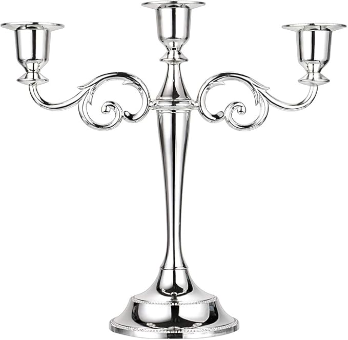 OwnMy 3 Arms Metal Candelabra Candlestick Silver European Elegant Candle Holder Candle Stand for Wedding Dining Table Christmas Party Home Decoration (Silver Tone)