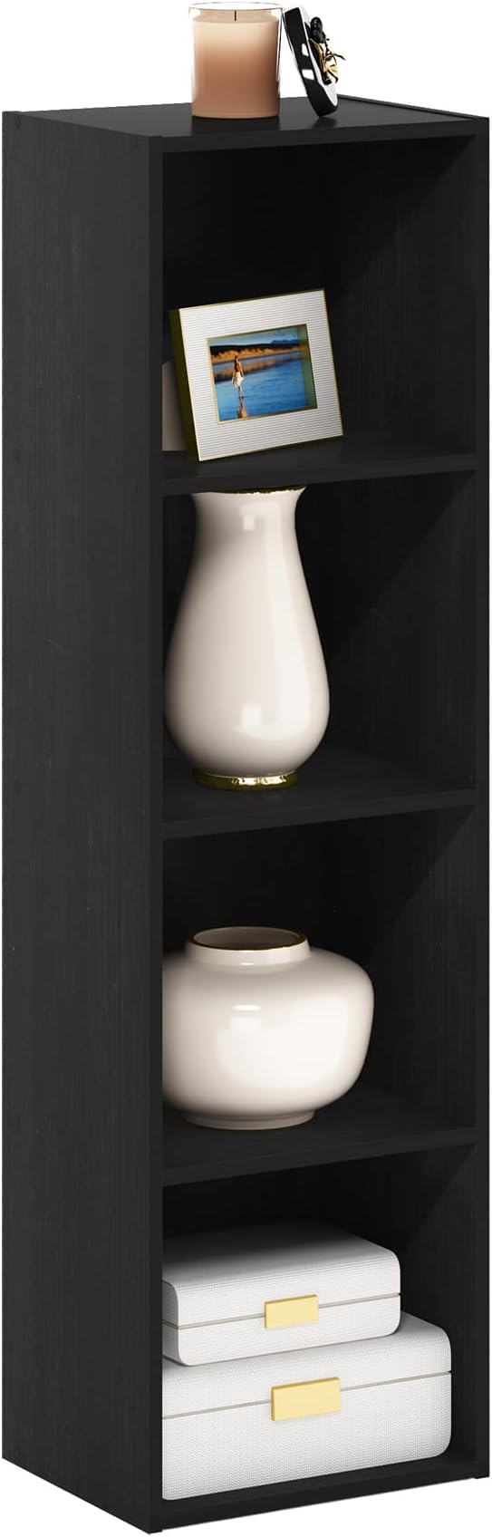 Furinno PASIR Book Shelf, 4-Tier Modern Bookshelf, Open Shelves Bookcase 9" x 12" x 42", for Living Room, Bedroom, Home Office, Blackwood
