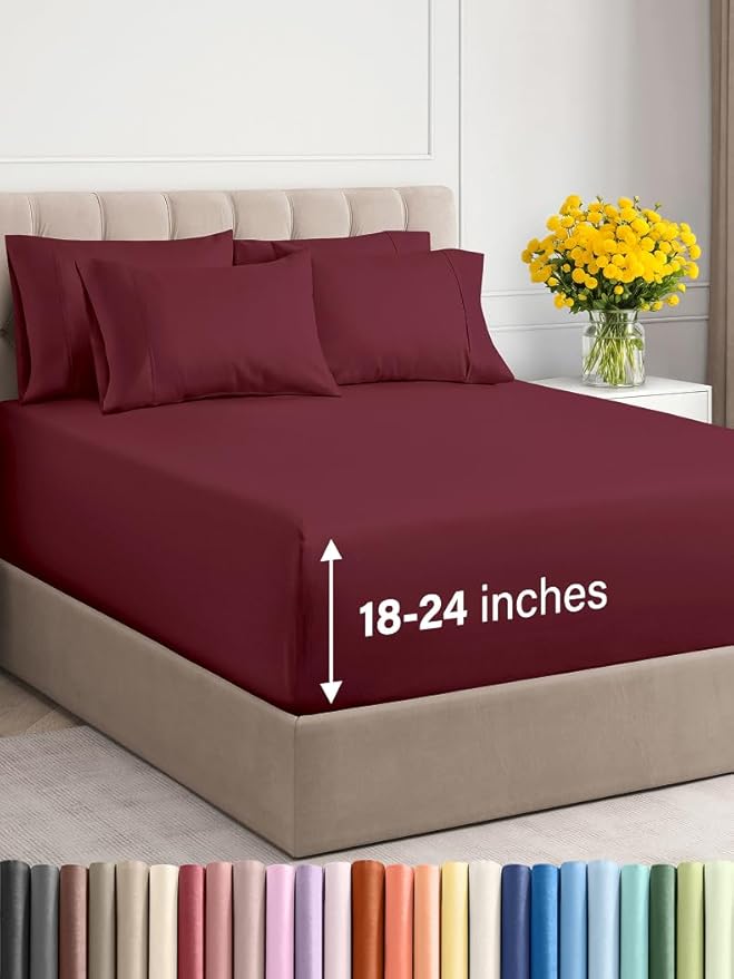 Extra Deep Full Sheet Set - 6 Piece Breathable & Cooling Sheets - Hotel Luxury Bed Sheets Set - Easy & Secure Fit - Soft, Wrinkle Free & Comfy Sheets Set - Burgundy Sheet Set with Extra Deep Pockets