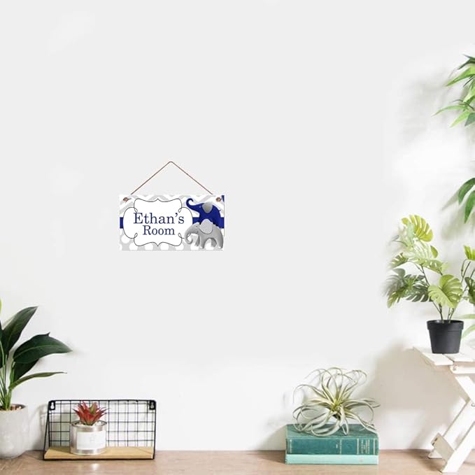 Personalized Cute Elephant Signs - Funny Cartoon Wall Decor for Kids Room, Girls Living Room, Boys Bedroom & Little Man Cave - Custom Name Wooden Sign