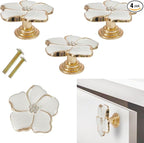 4 pcs Flower Petal Knobs,Creative Silver Flower Drawer Pulls Handles with Screws Single Hole Handle for Cabinet, Dressing ，Home Decor Handles (White)