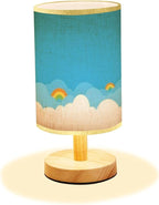 Minimalist Bedside Table Lamp Colorful with white cloud and bright blue sky bottom border seamless Wood Nightstand Lamp Bedside Desk Lamp Wood Base Flaxen Fabric Shade for Bedroom Living Room