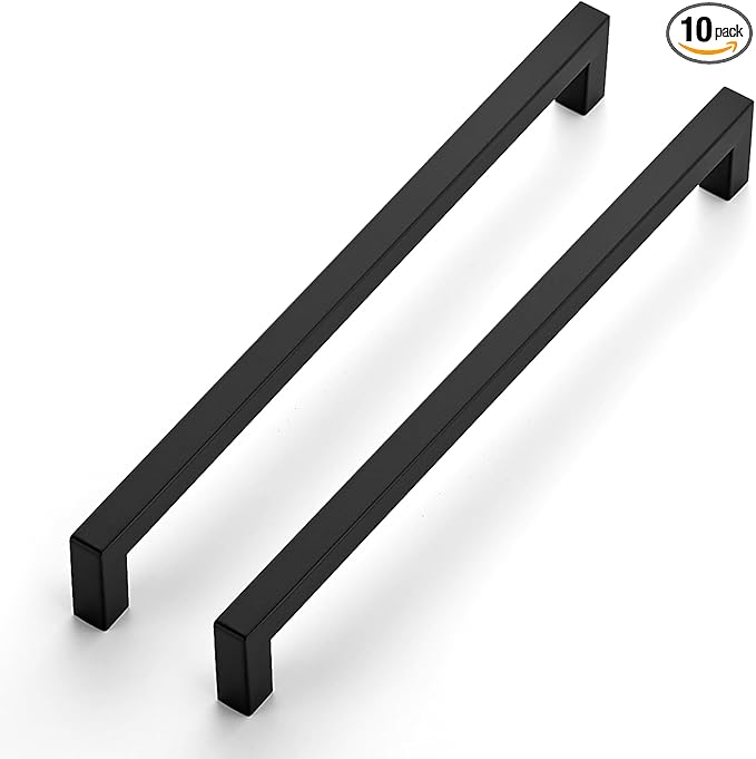 JOY DECOR 10 Pack Cabinet Handles, Black Cabinet Pulls, 10 Inch Kitchen Closet Handles Square Drawer Pulls Stainless Steel Drawer Hardware, 256mm Hole Centers