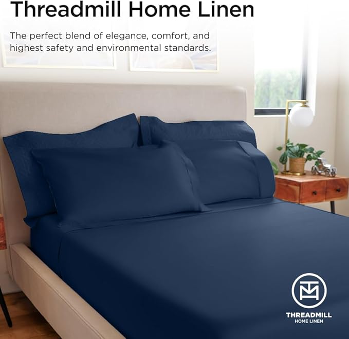 Threadmill Luxury 800 Thread Count Queen 100% Cotton Sheets - Folkstone Blue Sateen Weave Bed-Sheets, Better Than Egyptian Cotton,4 Pc Solid Soft Bed Set, Fits 16" Deep Pocket