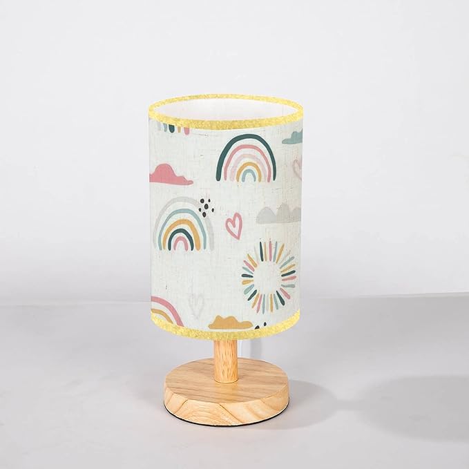 LOPYEIJFG Minimalist Bedside Table Lamp Seamless with Hand Drawn Rainbows and Sun Trendy Baby Texture for Wood Nightstand Lamp Bedside Desk Lamp Wood Base Flaxen Fabric Shade for Bedroom Living Room