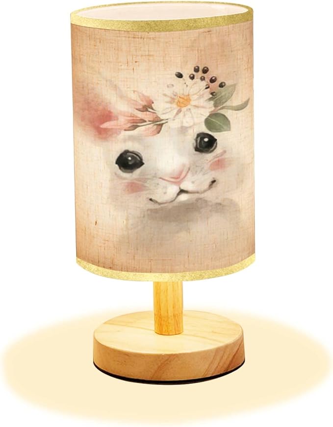 LOPYEIJFG Minimalist Bedside Table Lamp Cute Hand Drawn Bear in Floral Wreath Flowers Bouquet Woodland Wood Nightstand Lamp Bedside Desk Lamp Wood Base Flaxen Fabric Shade for Bedroom Living Room