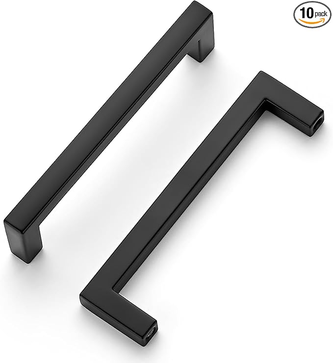 Ravinte 10 Pack Solid Kitchen Cabinet Handles Matte Black Cabinet Pulls Slim Drawer Pulls with 3-3/4 Inch Hole Center Square Bar Kitchen Cabinet Hardware