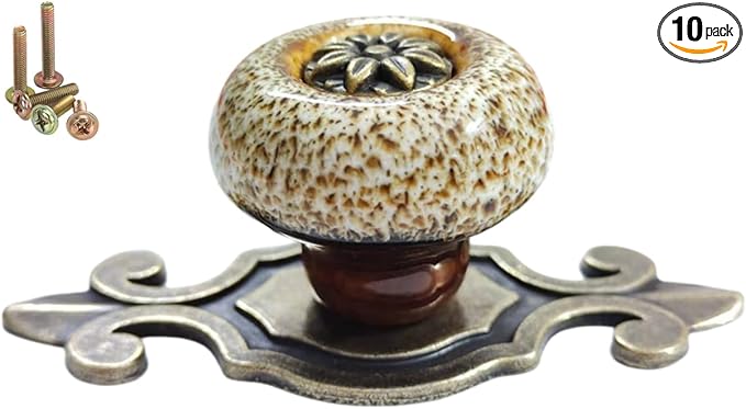 10 Pack Retro Ceramic Knobs,Vintage Dresser Kitchen Petal Cabinet Pulls Rustic Zinc Alloy Base Back Plate Kid Cupboard Wardrobe Drawer Door Handles (Leopard Print White)