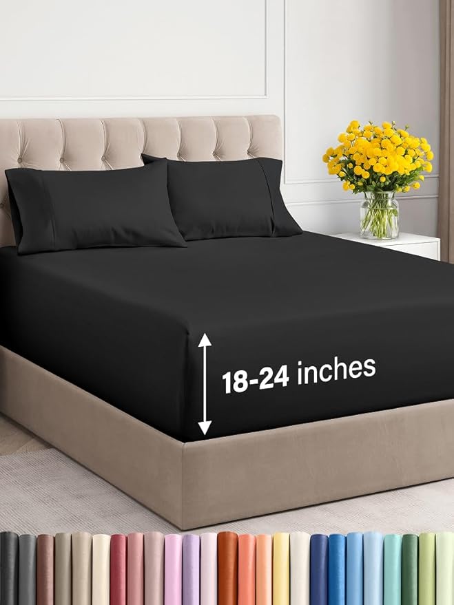 Extra Deep Twin Sheet Set - 4 Piece Breathable and Cooling Sheets - Hotel Luxury Bed Sheets Set - Easy & Secure Fit - Soft, Wrinkle Free and Comfy Sheets Set - Black Sheet Set with Extra Deep Pockets