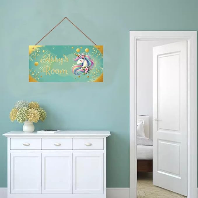 Personalized Magic Rainbow Unicorn Door Sign Girls Bedroom Kids Nursery Wall Decor Custom Name Art Wooden Plaque For Home Kitchen Garden Yard Wall Front Door Decor