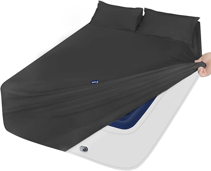 Moonsea Full Sheet Set for Extra Deep Pocket Air Mattress - Full Size Sheet Sets - Sheets with Pocket on Side - Easily Fits Extra Deep 16 in to 24 in Pillow Top Air Mattress (Black)