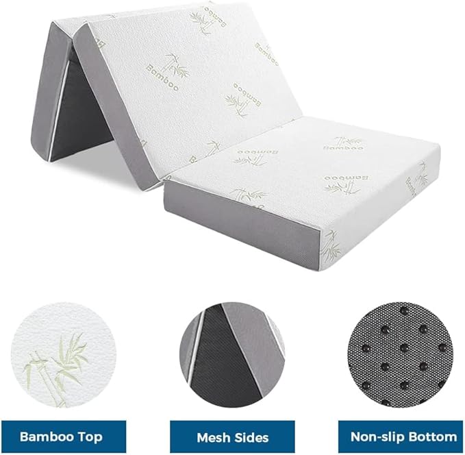 Inofia Folding Mattress, 6 Inch Trifold Memory Foam Mattress with Ultra Soft Removable Cover, Non-Slip Bottom & Breathable Mesh Sides, Foldable & Portable - Cot Size (75" x 31" x 6")