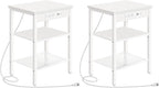 HOOBRO Side Tables Set of 2 with Charging Station and USB Ports, Small End Tables for Small Space, 3-Tier Nightstands with Adjustable Shelf, for Living Room, Bedroom and Balcony, White WW112BZP201