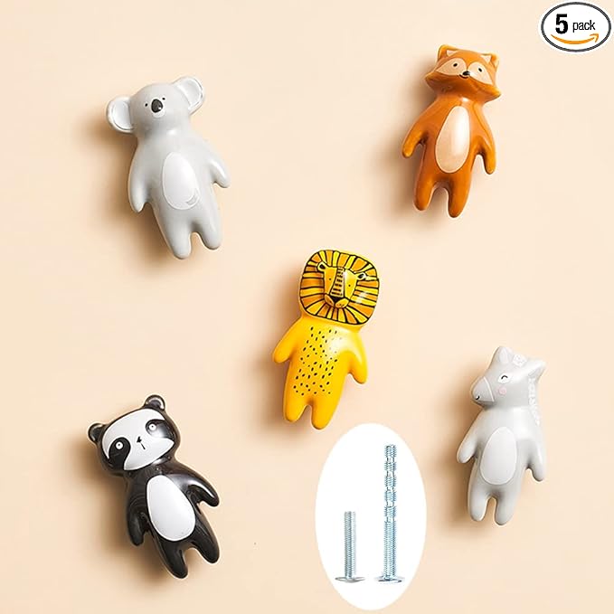 5Pcs Cute Animal Knobs Kids Handles Ceramic Knobs Children's Room Door Nursery Cupboard knobs Lovely Cabinet pulls Drawer knob for Kids, with Screws