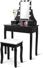 CHARMAID Vanity Set with Lighted Mirror, Makeup Table with 10 LED Dimmable Bulbs, 3 Lighting Sets, 3 Drawers, Bedroom Dressing Table Vanity Desk with Cushioned Stool for Women Girls (Black)