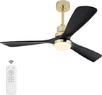 BOJUE 52 Inch Black and Gold Ceiling Fans with Lights and Remote, Solid Wood Fan Blades, Dimmable, Modern Ceiling Fan with Light for Indoor/Outdoor Patio Bedroom