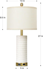 27" White Ceramic Lamps for Living Room, 3-Way Dimmable Touch Ceramic Table Lamp Set of 2 for Bedroom，Rustic Farmhouse Bedside Lamp with USB A+C & Outlets, Elegant Bedroom Lamp for Nightstand