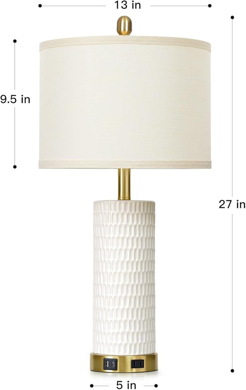 27" White Ceramic Lamps for Living Room, 3-Way Dimmable Touch Ceramic Table Lamp Set of 2 for Bedroom，Rustic Farmhouse Bedside Lamp with USB A+C & Outlets, Elegant Bedroom Lamp for Nightstand