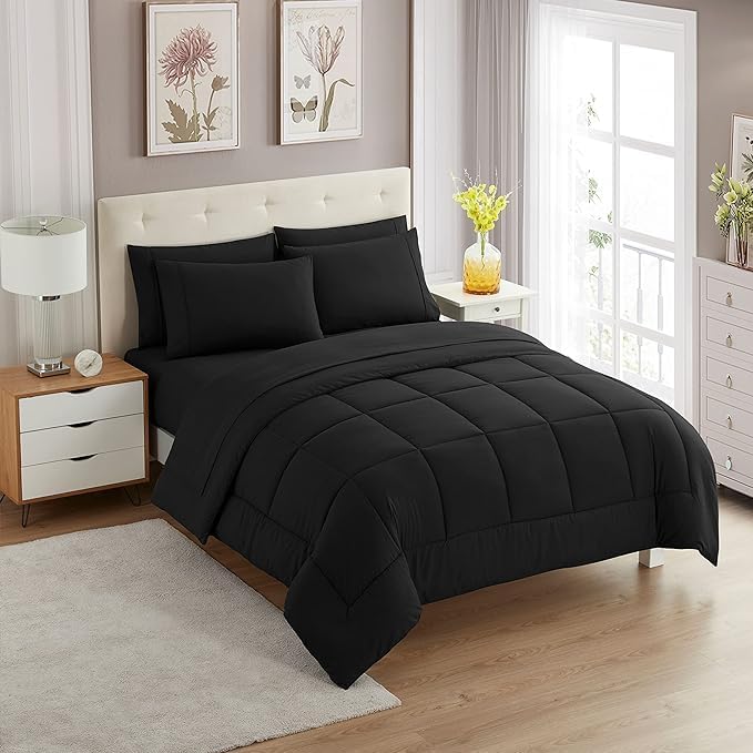 RV Short Queen Comforter Set for RV Camper - Comforter Set with Fitted & Flat Sheet, 4 Pillowcases - Tailored for RV Short Queen Beds - Cozy Essentials for Your RV Bedroom, Black