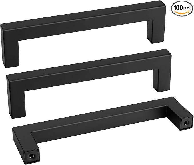 goldenwarm 100 Pack 5 Inch Black Cabinet Handles Matte Black Drawer Pulls Stainless Steel Cabinets Hardware Square Bar Modern for Kitchen Bathroom Cupboard
