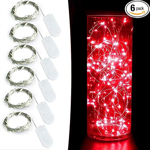YKB 6 Pack Red LED Fairy Starry String Lights with 20 Mini LEDs on 6.6FT/2M Copper Wire, Fairy Lights Powered by 2xCR2032(Incl) Batteries, for Wedding Table Holiday Halloween Christmas Decorations