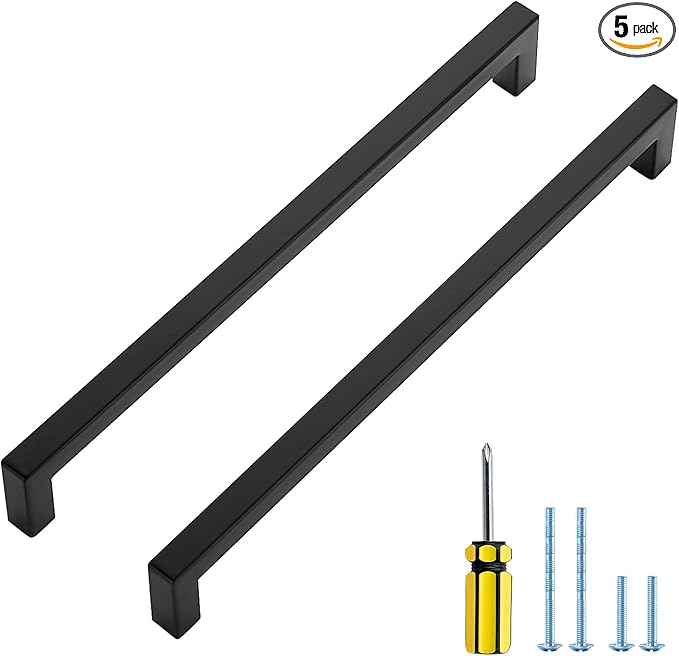 Ravinte 5 Pack Black Cabinet Pulls 10 Inch Square Kitchen Cabinet Handles Matte Black Kitchen Hardware for Drawer Pulls Drawer Handles Come with Screwdriver