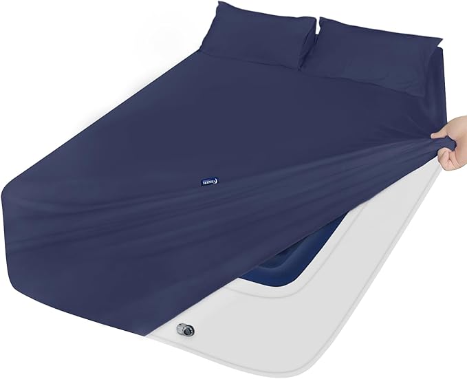 Full Sheet Set for Air Mattress - Deep Pocket Full Size Bed Set - Sheets with Pockets on Side - Easily Fits Extra Deep 16 in to 24 in Pillow Top Air Mattress - Navy Blue