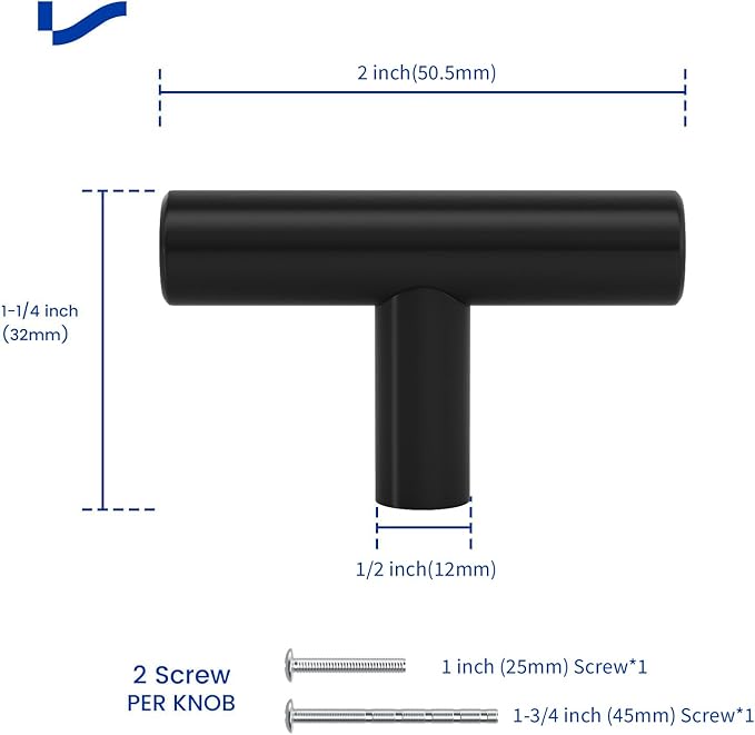 LONTAN 12 Pack Black Knobs for Cabinets and Drawers Kitchen Cabinet Knobs for Dresser Bathroom Modern T Bar Furniture Black Hardware,Stainless Steel