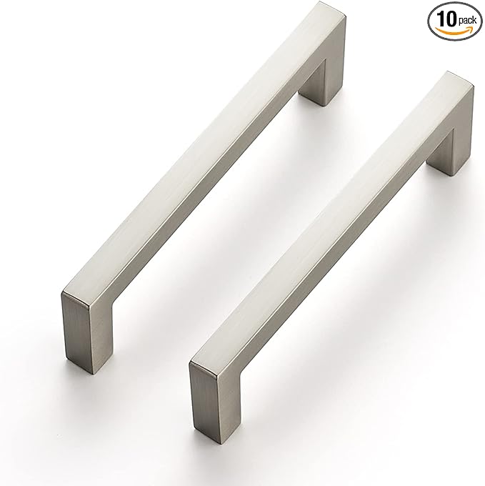 Ravinte 10 Pack Solid 3-3/4 Inch Center to Center Slim Square Bar Drawer Handles Cabinet Hardware - Brushed Nickel Kitchen Pulls