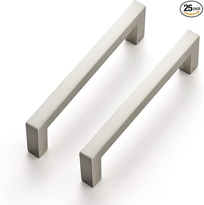 Ravinte 25 Pack Solid 3-3/4 Inch Center to Center Slim Square Bar Drawer Handles Kitchen Cabinet Handles Brushed Nickel Satin Nickel 3-3/4in Hole Center