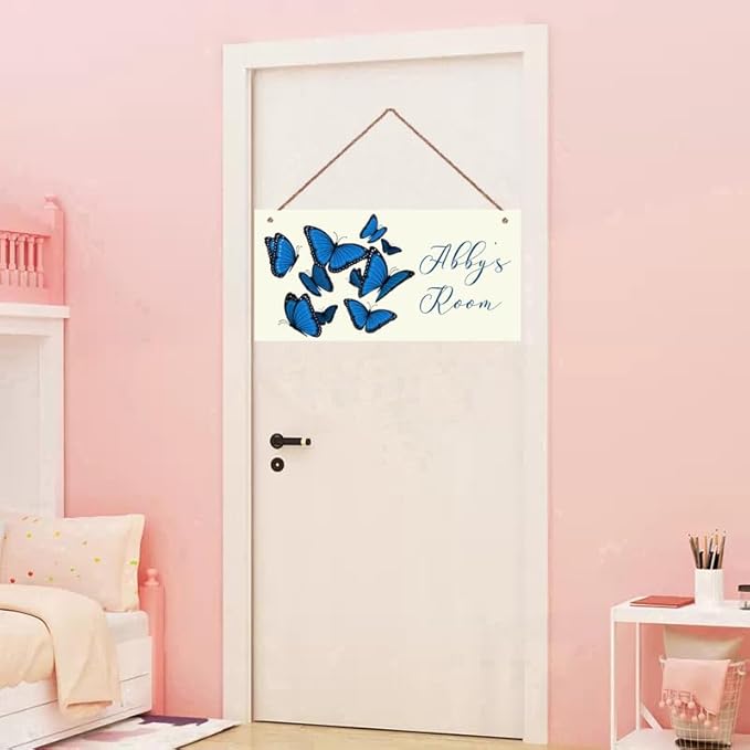 Personalized Blue Butterfly Sign Door Décor For Kids Room Custom Name Wall Art Decor, Nice Floral Nursery Art Plate For Girls Room Living Room Bedroom Greenhouse Garden