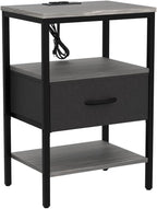 SUPERJARE Nightstand Set of 2, Bed Side Tables with Charging Station, Adjustable Fabric Drawer, Night Stand for Bedroom, 3-Tier Storage End Tables, for Living Room - Charcoal Gray