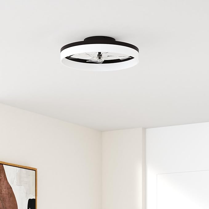 VOLISUN Low Profile Ceiling Fans with Lights and Remote, 19.7in Fandelier Ceiling Fan Flush Mount, 3000K-6500K Smart Bladeless LED Fan Light, Brown Modern Ceiling Fans with Lights for Bedroom