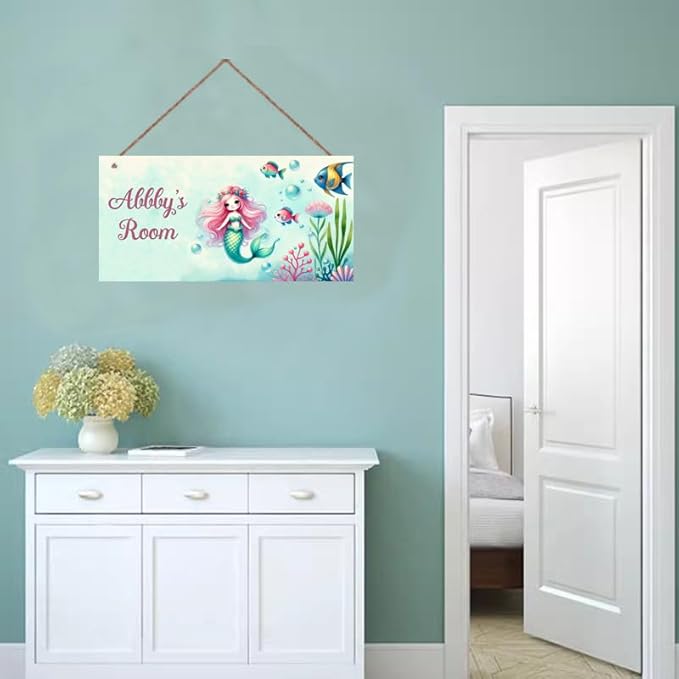 Personalized Sign Mermaid Wall Art Décor For Kids Room Custom Name Door Decor, Ocean Theme Nursery Art Plate For Girls Room Boys Bedroom Garden