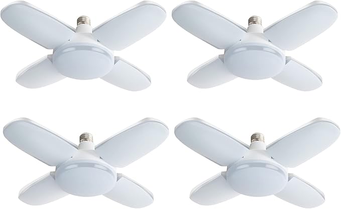 LED Garage Lights 4 Pack, 80W LED Shop Light with 4+1 Multi-Position Panels Deformable E26/E27 Ceiling Light, 6500k 8000LM Ceiling Led Daylight for Shop, Basement, Workshop, Attic, Barn