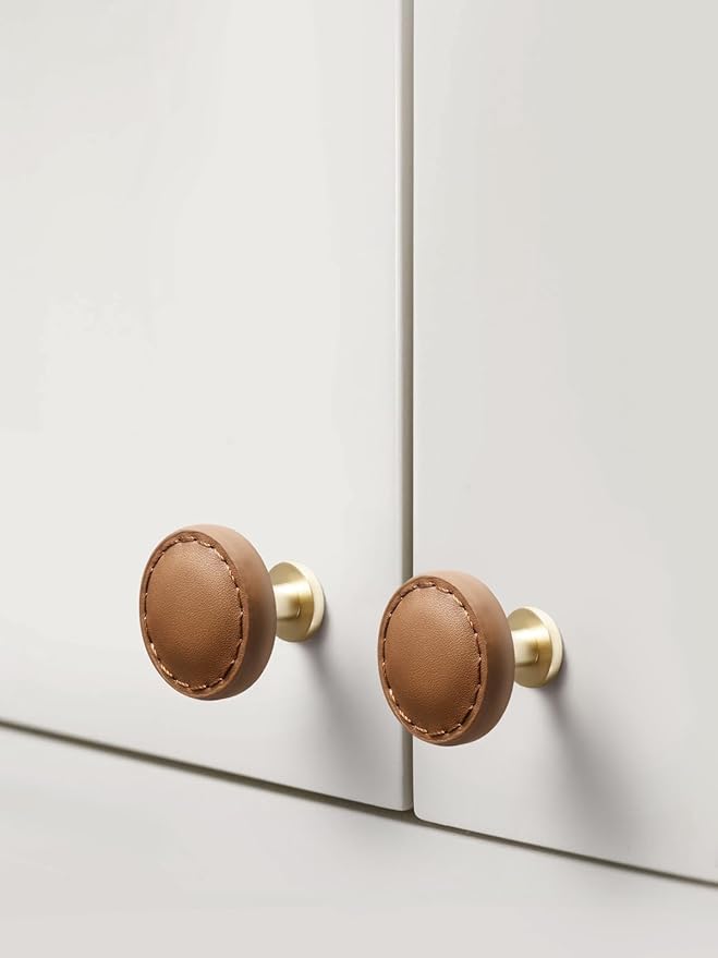 5 Pack Brown Leather Drawer Pulls Round Leather Handles Cabinet knobs for Kitchen Bathroom Cabinets Dressers Furniture Handles