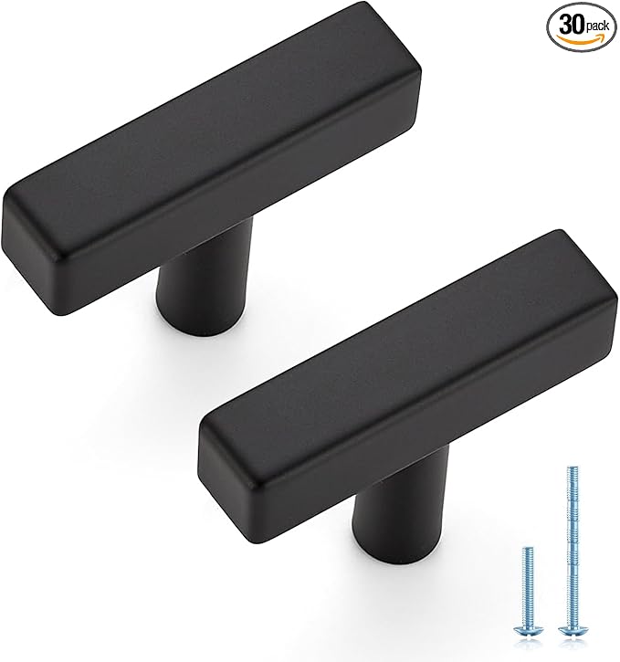 JOY DECOR 30 Pack Single Hole Matte Black Square Cabinet Handles Stainless Steel Cabinet Hardware Pulls for Kitchen and Drawers with 2 Inch Overall Length