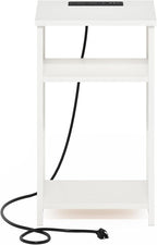 Furinno Moretti Side Table, 3-Tier End Table with Charging Station, Metal Frame Night Stand, Bedside Table with USB and Type-C Charging Port, for Living Room, Bedroom, White