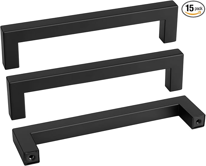 goldenwarm 15 Pack 6-1/4 Inch Black Cabinet Handles Matte Black Drawer Pulls Stainless Steel Cabinets Hardware Square Bar Modern for Kitchen Bathroom Cupboard