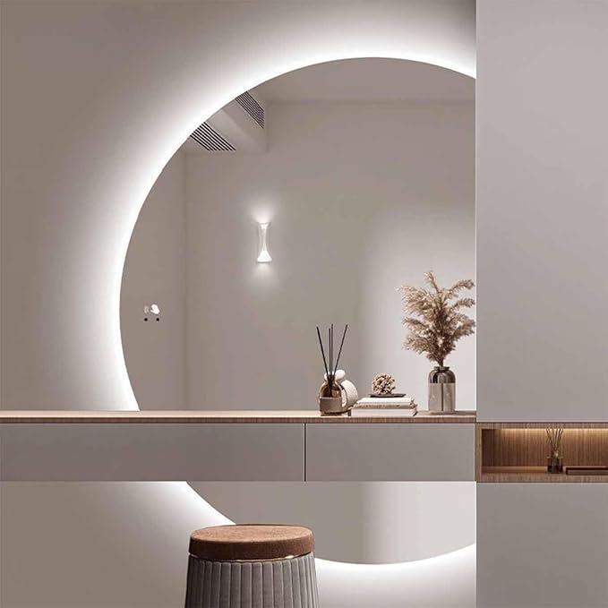 Half Moon LED Bathroom Mirror,Frameless Backlit Wall Mirror, Anti-Fog Smart Vanity Mirror,3 Colors Lights Dimmable Brightness and Time,Touch Switch (Left Semicircle, 100 * 70)