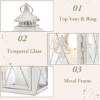 TRIROCKS Set of 2 Vintage Hanging Lantern - 13.5'' Decorative Metal & Tempered Glass Candle Holder - Ideal for Indoor/Outdoor Events, Patio, Garden, Parties White & Gold Brush Finish