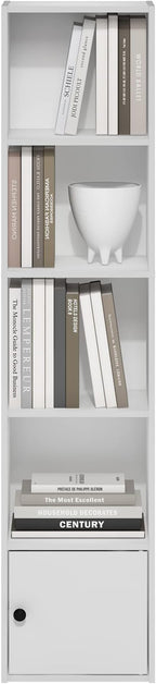 Furinno LUDER Book Shelf, 5-Tier Modern Bookshelf, Bookcase with 1 Door Storage Cabinet, 9.3" x 12" x 52", for Living Room, Bedroom, Home Office, White