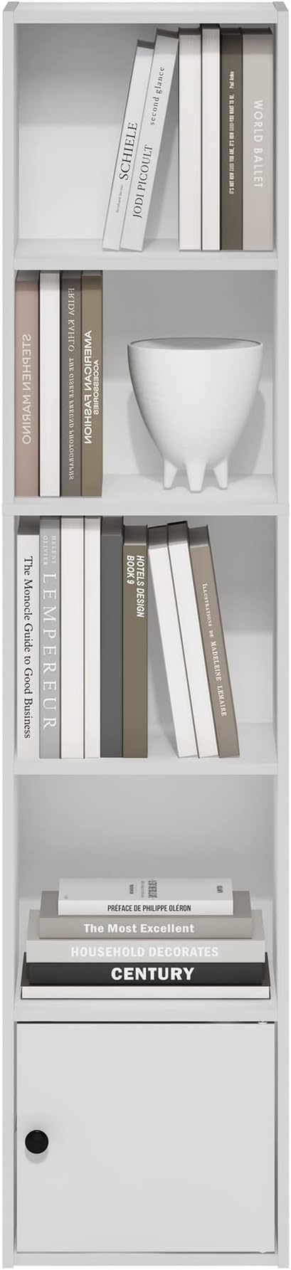 Furinno LUDER Book Shelf, 5-Tier Modern Bookshelf, Bookcase with 1 Door Storage Cabinet, 9.3" x 12" x 52", for Living Room, Bedroom, Home Office, White